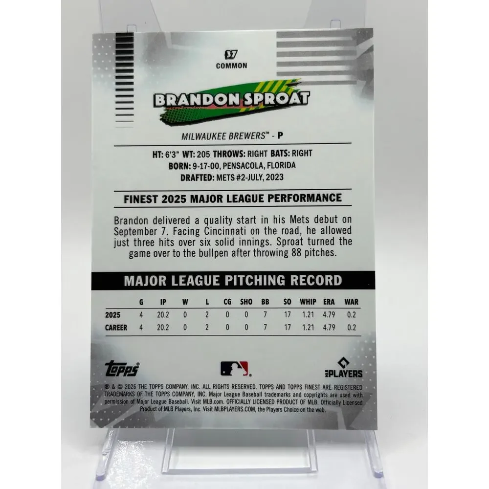 2026 Topps Finest Brandon Sproat Rookie RC Black X-Fractor 1/10 SSP Brewers RC